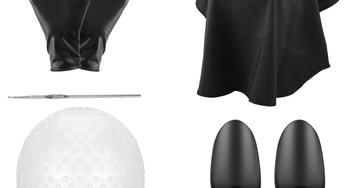 FRIUSATE Hair Coloring Highlighting Cap, 8 Pieces Hair Highlighting Kit, Silicone Highlight Cap Pull Through Caps Hair Coloring Frosting Cap with Hook, Cape, Brush, Gloves and Ear Covers for Women Men, $8.99