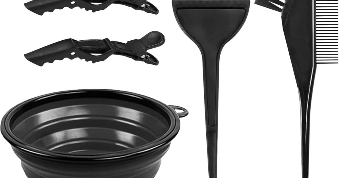 EMVANV 5 PCs Hair Dyeing Set,Hair Dye Coloring Kit Hair Bleach Kit Hair Coloring Tool with Folding Bowl Dyeing Brush Dyeing Comb and Hairpin(Black), $5.59
