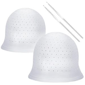 FRIUSATE 2 Pieces Punched Highlight Cap for Hair with Hook, Hair Highlighting Kit, Reusable Silicone Highlighting Cap Pull Through Caps Hair Coloring Dyeing Frosting Cap with Hook for Women Men, $8.99
