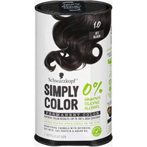 Schwarzkopf Simply Color Hair Color 1.0 Jet Black, 1 Application - Permanent Hair Dye for Healthy Looking Hair without Ammonia or Silicone, Dermatologist Tested, No PPD & PTD, $12.59
