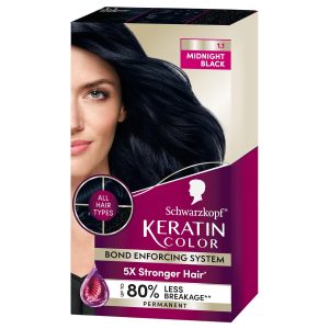 Schwarzkopf Keratin Color Permanent Hair Color, 1.1 Midnight Black, 1 Application-Professionally Inspired Permanent Hair Dye, for up to 80% Less Breakage vs Untreated Hair and up to 100% Gray Coverage, $11.97
