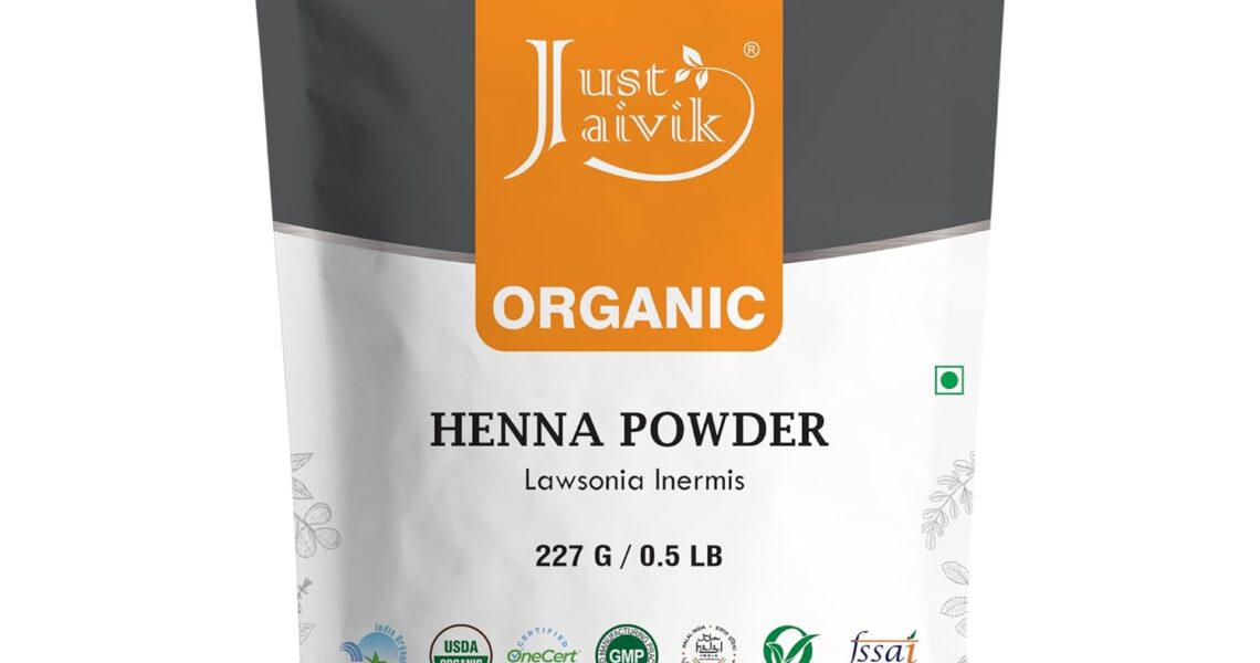 Just Jaivik Henna Powder (Lawsonia Inermis) for Hair – 100% Natural, USDA Certified Organic by OneCert Asia, No Chemicals or Additives, 227 Gms / 0.5 LB/ 8 Oz, $9.00