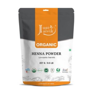 Just Jaivik Henna Powder (Lawsonia Inermis) for Hair - 100% Natural, USDA Certified Organic by OneCert Asia, No Chemicals or Additives, 227 Gms / 0.5 LB/ 8 Oz, $9.00