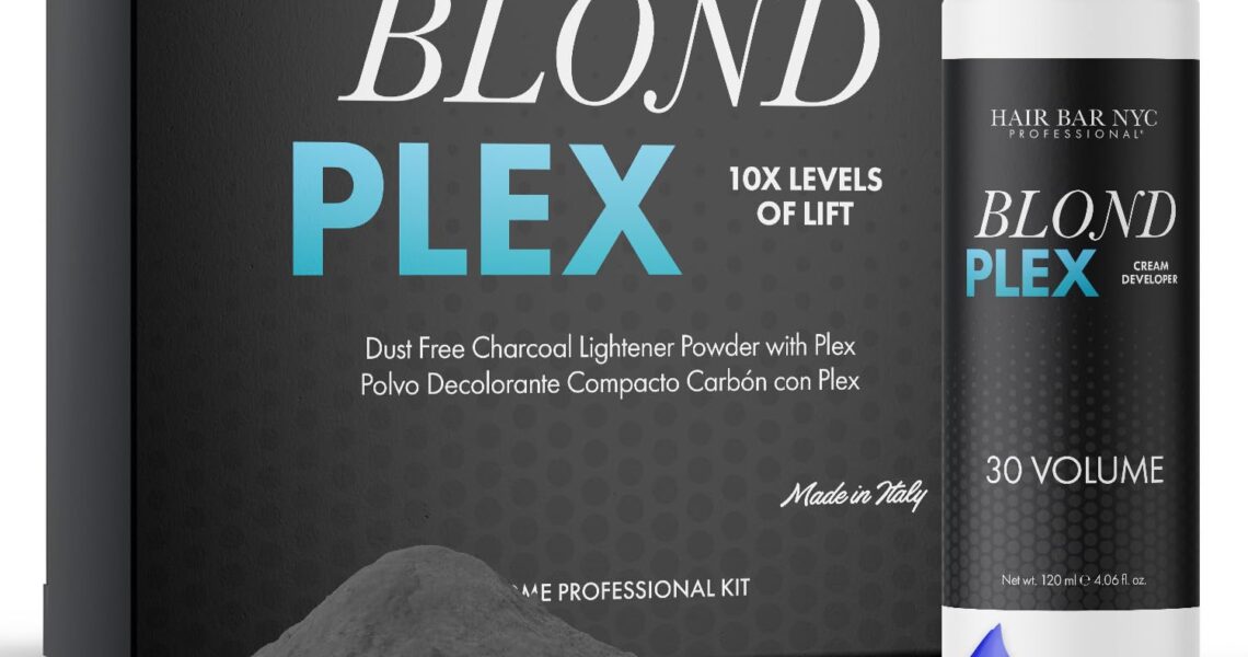 HAIR BAR NYC Blond Plex Extreme 10X Lightener + 30 Volume Anti-Yellow Violet Developer Kit – Black/Charcoal Dust-Free Hair Bleach with Keratin & Bond Building, Cool-Toned, Bright Finish Kit 60g/2.11oz, $21.99