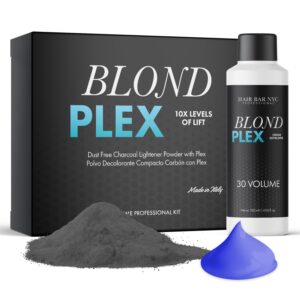 HAIR BAR NYC Blond Plex Extreme 10X Lightener + 30 Volume Anti-Yellow Violet Developer Kit - Black/Charcoal Dust-Free Hair Bleach with Keratin & Bond Building, Cool-Toned, Bright Finish Kit 60g/2.11oz, $21.99