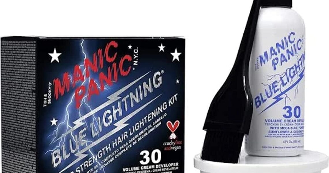 MANIC PANIC Blue Lightning Hair Bleach Kit – 30 Volume Developer + Bleach Powder Hair Lightener Lifts up to Five Levels And Eliminates Orange Tones – Vegan And Cruelty Free, $13.99