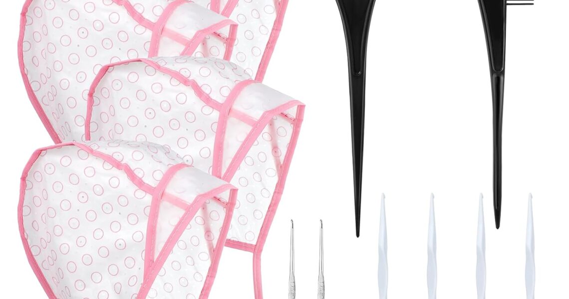 Bewudy 12 Pcs 4 Sets of Highlighting Caps with Hooks, Hair Coloring Frosting Dye Kit for Salon Hairdressing (Pink), $6.99