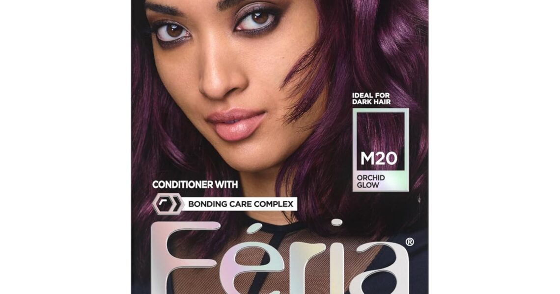 L’Oreal Paris Feria Midnight Bold Multi-Faceted Permanent Hair Dye, One-Step Hair Color Kit for Dark Hair, No Bleach Required, Orchid Glow, $9.99