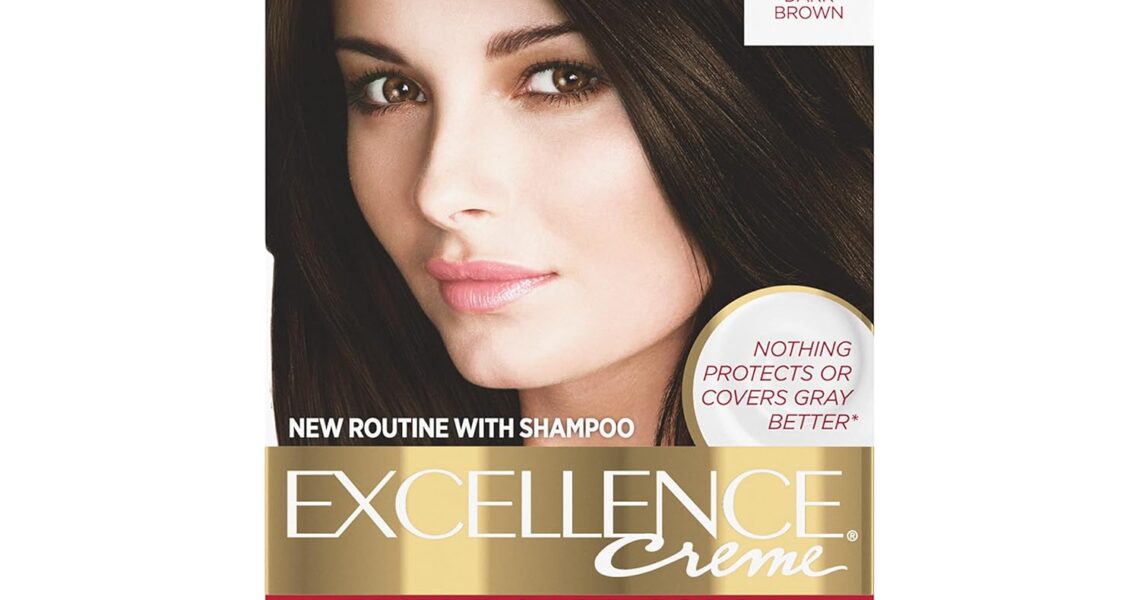 L’Oreal Paris Excellence Creme Permanent Hair Color, 4 Dark Brown, 100 percent Gray Coverage Hair Dye, Pack of 1, $11.99