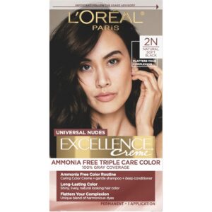 LOral Paris Excellence Universal Nudes Permanent Hair Color, Ammonia Free Hair Dye for Gray Hair Coverage, 2N Natural Soft Black, 1 Hair Dye Kit, $13.99