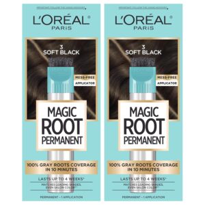 L'Oreal Paris Magic Root Rescue 10 Minute Root Hair Coloring Kit, Permanent Hair Color with Quick Precision Applicator, 100 percent Gray Coverage, 3 Soft Black, 2 count, $13.94