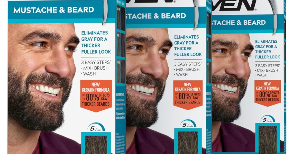 Just For Men Mustache & Beard, Beard Dye for Men with Brush Included for Easy Application, With Biotin Aloe and Coconut Oil for Healthy Facial Hair – Dark Brown, M-45, Pack of 3, $31.47