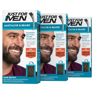 Just For Men Mustache & Beard, Beard Dye for Men with Brush Included for Easy Application, With Biotin Aloe and Coconut Oil for Healthy Facial Hair - Dark Brown, M-45, Pack of 3, $31.47