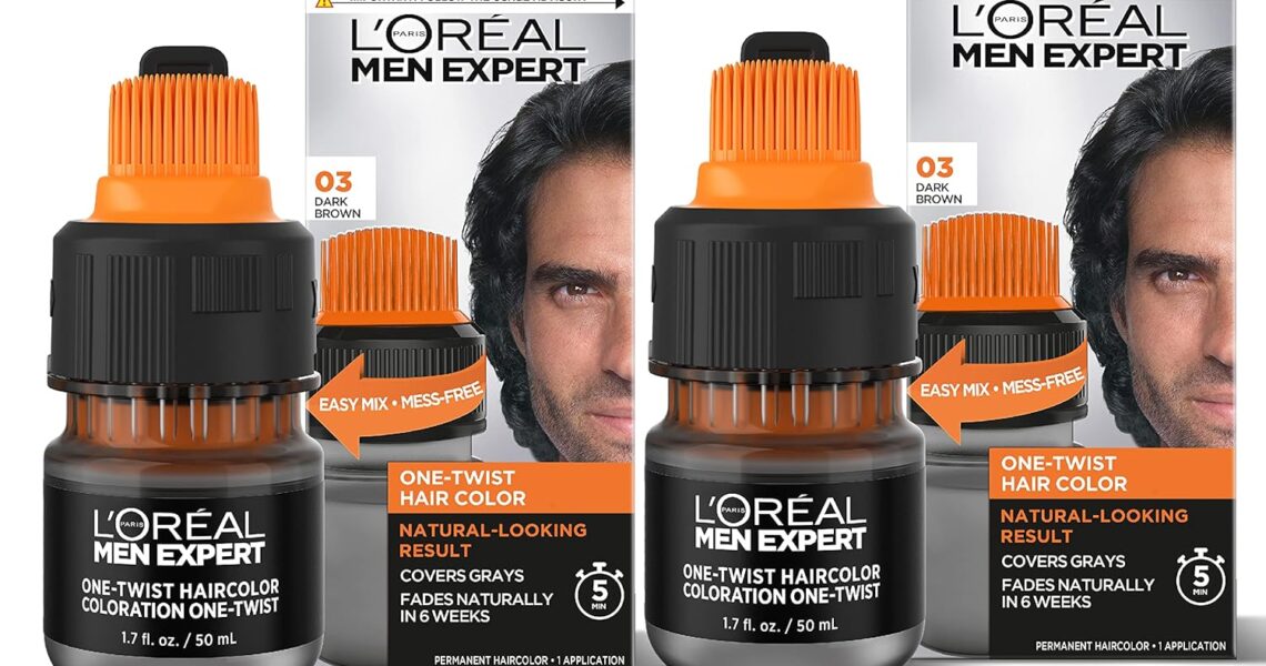 LOreal Paris Men Expert One Twist Mess Free Permanent Hair Color, Mens Hair Dye to Cover Grays, Easy Mix Ammonia Free Application, Dark Brown 03, 2 Application Kit, $19.94