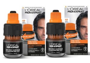LOreal Paris Men Expert One Twist Mess Free Permanent Hair Color, Mens Hair Dye to Cover Grays, Easy Mix Ammonia Free Application, Dark Brown 03, 2 Application Kit, $19.94