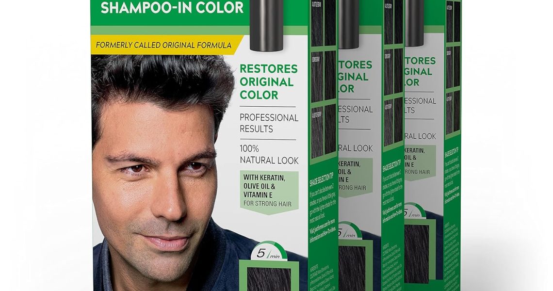 Just For Men Shampoo-In Color (Formerly Original Formula), Mens Hair Color with Keratin and Vitamin E for Stronger Hair – Real Black, H-55, Pack of 3,