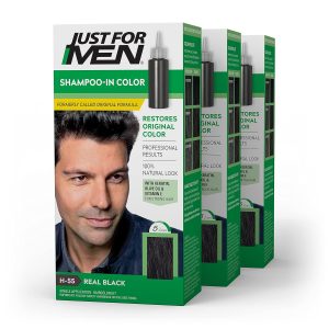 Just For Men Shampoo-In Color (Formerly Original Formula), Mens Hair Color with Keratin and Vitamin E for Stronger Hair - Real Black, H-55, Pack of 3, 