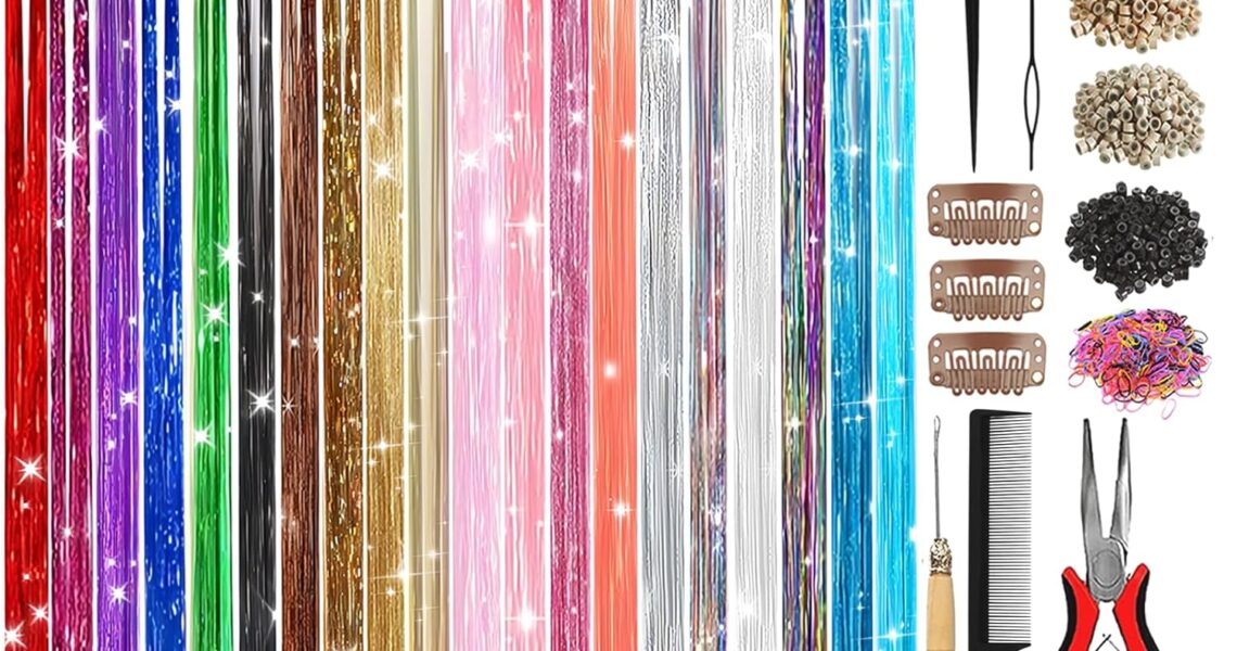 Hair Tinsel,20 Colors Hair Tinsel Kit for Girls 8600 Strands Fairy Tinsel Hair Extensions Holographic Hair Tinsel Heat Resistant Colored Hair Glitter Christmas Party Festival (20 Colors), $15.99
