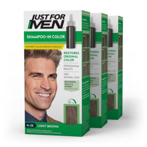 Just For Men Shampoo-In Color (Formerly Original Formula), Mens Hair Color with Keratin and Vitamin E for Stronger Hair - Light Brown, H-25, Pack of 3, $29.97