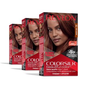 Revlon ColorSilk Permanent Hair Color, 100% Gray Coverage Dye Kit, Ammonia-Free, Keratin and Amino Acids, Red Shades, 31 Dark Auburn (Pack of 3), $14.99