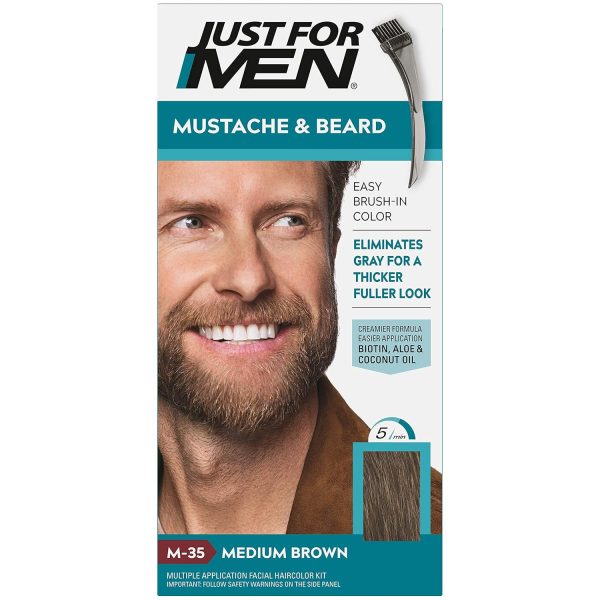 Just For Men Mustache & Beard, Beard Coloring for Gray Hair with Brush, With Keratin Biotin Aloe and Coconut Oil for Healthy Facial Hair – Medium Brown, M-35, Pack of 1 (Packaging May Vary), $11.97