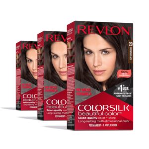Revlon ColorSilk Permanent Hair Color, 100% Gray Coverage Dye Kit, Ammonia-Free, Keratin and Amino Acids, Brown Shades, 20 Brown Black (Pack of 3), $16.17