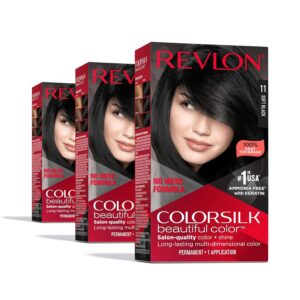 Revlon ColorSilk Permanent Hair Color, 100% Gray Coverage Dye Kit, Ammonia-Free, Keratin and Amino Acids, Black Shades, 11 Soft Black (Pack of 3), $19.95