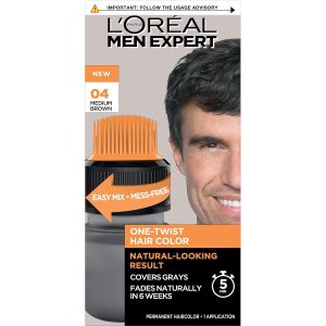 LOral Paris Men Expert One Twist Mess Free Permanent Hair Color, Mens Hair Dye to Cover Grays, Easy Mix Ammonia Free Application, Medium Brown 04, 1 Application, $9.97