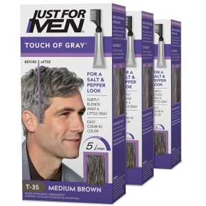 Just For Men Touch of Gray, Mens Hair Color Kit with Comb Applicator for Easy Application, Great for a Salt and Pepper Look - Medium Brown, T-35, Pack of 3, $26.88