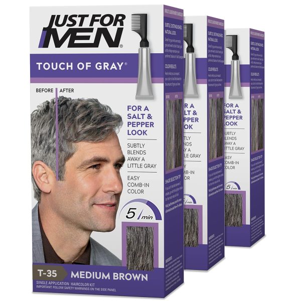 Just For Men Touch of Gray, Mens Hair Color Kit with Comb Applicator for Easy Application, Great for a Salt and Pepper Look – Medium Brown, T-35, Pack of 3, $26.88