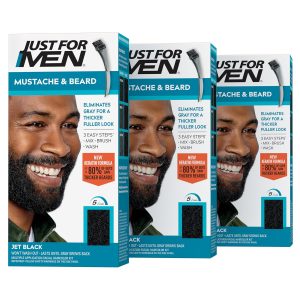 Just For Men Mustache & Beard, Beard Dye for Men with Brush Included for Easy Application, With Biotin Aloe and Coconut Oil for Healthy Facial Hair - Jet Black, M-60, Pack of 3, $31.47