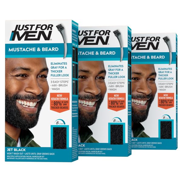 Just For Men Mustache & Beard, Beard Dye for Men with Brush Included for Easy Application, With Biotin Aloe and Coconut Oil for Healthy Facial Hair – Jet Black, M-60, Pack of 3, $31.47