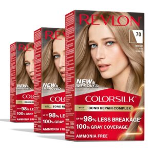 Revlon ColorSilk with Bond Repair Complex, Blonde Permanent Hair Color, 100% Gray Coverage, Ammonia Free Hair Dye, Vegan Keratin, 70 Medium Ash Blonde (Pack of 3), $14.77