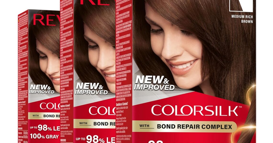 Revlon ColorSilk with Bond Repair Complex, Brown Permanent Hair Color, 100% Gray Coverage, Ammonia Free Hair Dye, Vegan Keratin, 47 Medium Rich Brown (Pack of 3), $14.77