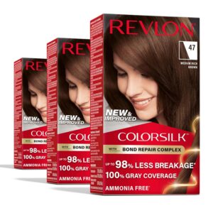 Revlon ColorSilk with Bond Repair Complex, Brown Permanent Hair Color, 100% Gray Coverage, Ammonia Free Hair Dye, Vegan Keratin, 47 Medium Rich Brown (Pack of 3), $14.77