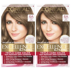 L'Oreal Paris Excellence Creme Permanent Hair Color, 6A Light Ash Brown, 100 percent Gray Coverage Hair Dye, Pack of 2, $21.94