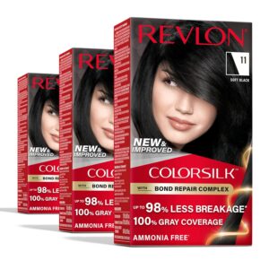 Revlon ColorSilk with Bond Repair Complex, Black Permanent Hair Color, 100% Gray Coverage, Ammonia Free Hair Dye, Vegan Keratin, 11 Soft Black (Pack of 3), $14.97