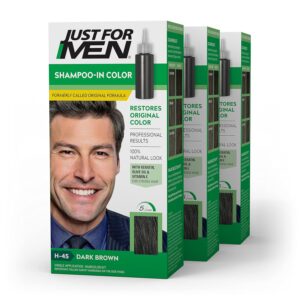 Just For Men Shampoo-In Color (Formerly Original Formula), Mens Hair Color with Keratin and Vitamin E for Stronger Hair - Dark Brown, H-45, Pack of 3, 
