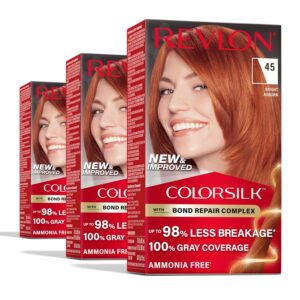 Revlon ColorSilk with Bond Repair Complex, Permanent Hair Color, 100% Gray Coverage, Ammonia Free Hair Dye, Vegan Keratin, 45 Bright Auburn (Pack of 3), $14.77