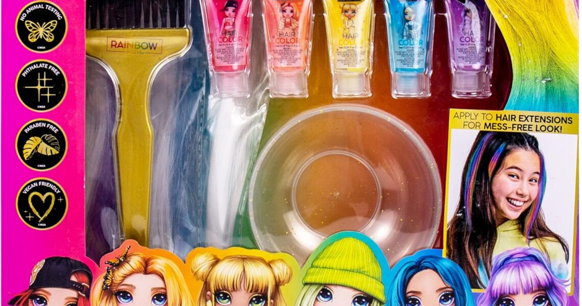 Rainbow High Rainbow Hair Stylist by Horizon Group USA, Includes 5 Vibrant Hair Coloring Gels, 3 Clip-in Extensions for Less-Mess, Mixing Bowl & Brush, Temporary Hair Coloring for Kids, $19.00