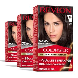 Revlon ColorSilk with Bond Repair Complex, Black Permanent Hair Color, 100% Gray Coverage, Ammonia Free Hair Dye, Vegan Keratin, 20 Brown Black (Pack of 3), $14.97