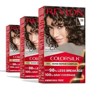 Revlon ColorSilk with Bond Repair Complex, Brown Permanent Hair Color, 100% Gray Coverage, Ammonia Free Hair Dye, Vegan Keratin, 30 Dark Brown (Pack of 3), $14.77